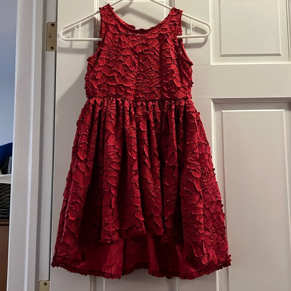 Chasing Fireflies girls red floral hi-low party dress.
